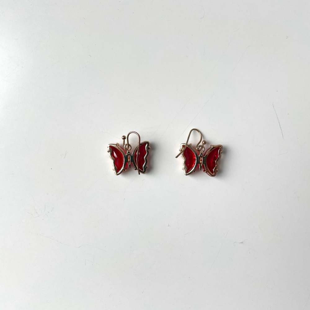 Gold and Red Butterfly Drop Earrings - Picture 6 of 6